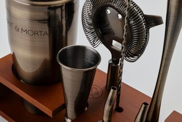 Набір для коктейлів Mint&Mortar 7 шт. з бамбуковим підставкою, з нержавіючої сталі, барменський набір з інструментами для дому та професійного використання, 680 мл, міксер (чорний) з щіткою золота