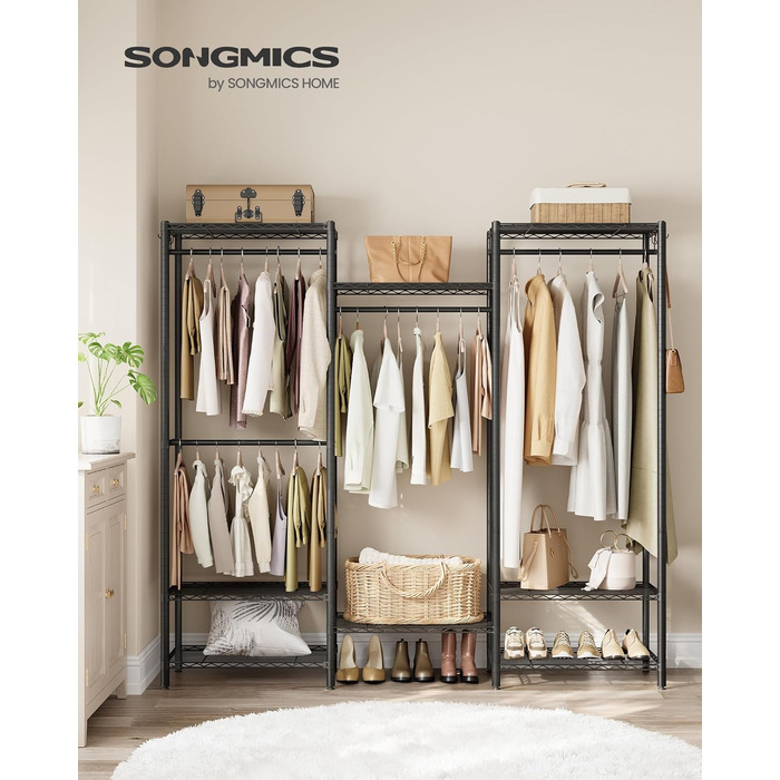 SONGMICS Clothes Rack, Open Wardrobe, Metal Coat Rack, Coat Stand with Adjustable Shelves and Clothes Rails, Hooks, High Load Capacity, Detachable, Cloud White LGR431W01 (Ink Black)