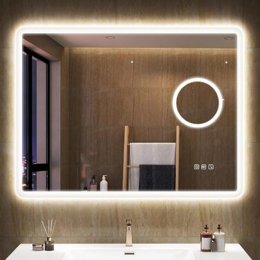 Дзеркало для ванної кімнати S'bagno з підсвічуванням 80x60 см, LED, Bluetooth, протитуманне покриття, 3 кольори, диммування, пам'ять налаштувань, загартоване скло, IP44, водонепроникність, горизонтальне/вертикальне встановлення