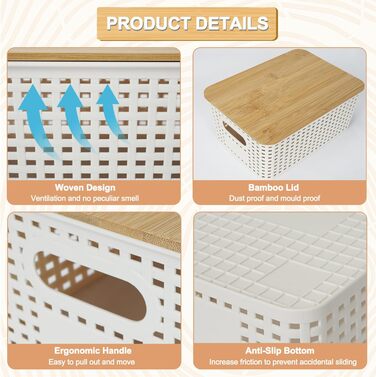 UHAPEER Storage Box with Bamboo Lid, 6 Piece Storage Basket, Plastic Basket Storage, Kitchen Organizer White, Stackable Storage Boxes, Box with Lid 25.6 x 18 x 10.7 cm
