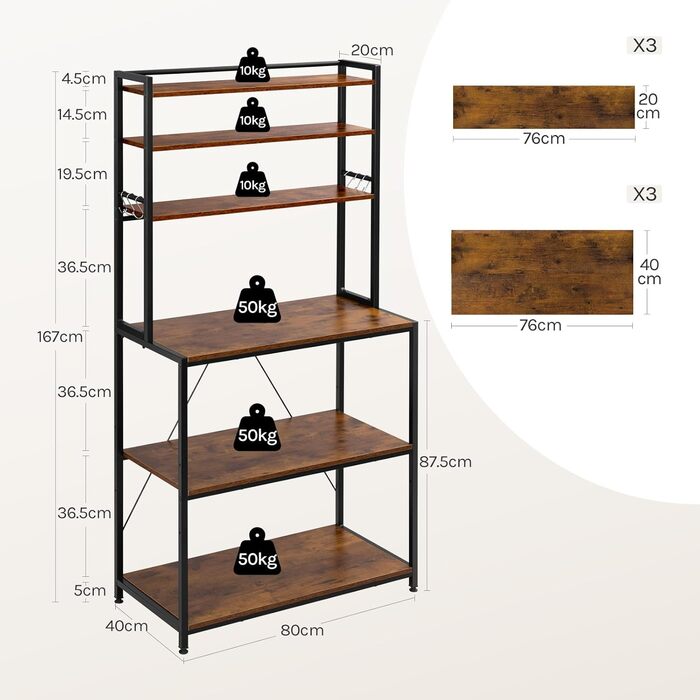 Стелаж кухонний WOLTU з 6 полицями, металевий з інженерної деревини, 60x167x40 см, коричневий+чорний