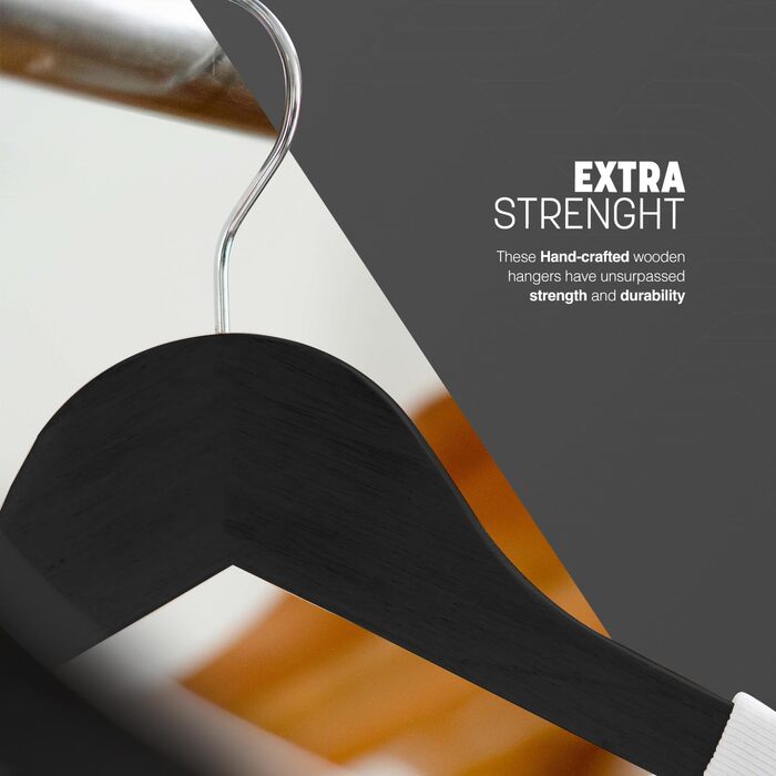 Плечики для одягу KEPLIN Starker з натурального дерева (30 шт.) з поворотним гачком 360° та перекладиною для штанів. Підходять для пальто, жакети, костюми. Економія місця в шафі. Чорний колір, 20 шт.