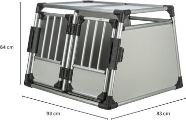 Трійзі Двомісна переносна клітка для собак з алюмінію – переноска для двох собак до 50 кг, 93 × 64 × 83 см, з висувною перегородкою, надійний замок, неслизький килимок – 39345 срібна L 93 x B 83 x H 64 см Двомісна переноска