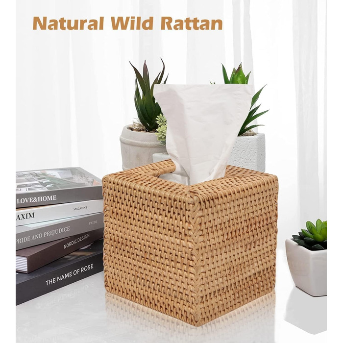 Rattan Cosmetic Tissue Box, 14 x 14 x 14.5 cm, Handwoven Square Tissue Box, Natural Decorative Tissue Box, Tissue Dispenser (Square, Natural)