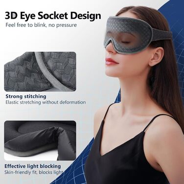 Маска для сну Aosun 3D для тих, хто спить на боці, оновлена версія 2025, 100% блокування світла, дихаюча, з регульованим ремінцем та берушами, для подорожей, офісу, йоги (сірий колір)