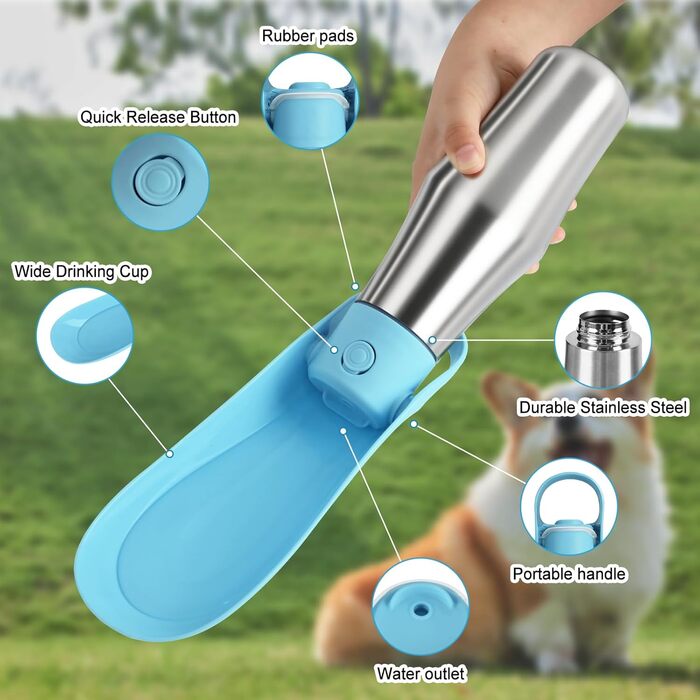 Водяна пляшка для собак на прогулянці - не протікає, з нержавіючої сталі, подвійні стінки, вакуумна ізоляція, 750 мл (Блакитна)