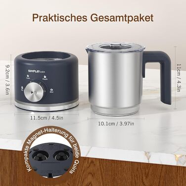 Електричний спінювач молока SIMPLETASTE 4-в-1: гарячий та холодний спінений молок, підігрів молока та какао, антипригарне покриття, автоматичне вимкнення, тиха робота, BPA-free, для капучіно та лате (можна мити в посудомийній машині, насадка-міксер у комп