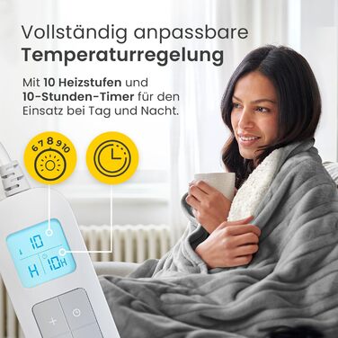 Електрична ковдра Cosi Home 180x130 см з керуванням, захистом від перегріву та 10 рівнями нагріву - Фліс та шерпа, сіра