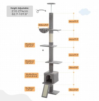 Кігтеточка PAWZ Road - багатоярусна кімнатна для котів з гамаком та будиночком, регульована висота (216-273 см), сірого кольору