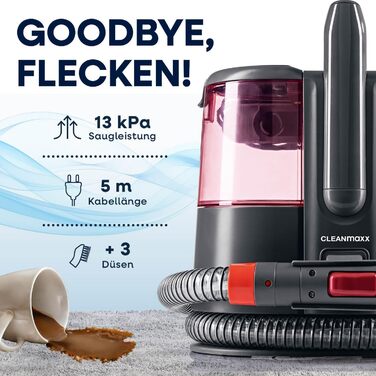 CLEANmaxx Професійний мийкий пилосос для килимів та м'яких меблів Pro Power 600W | 3 в 1: миття, чистка килимів та м'яких меблів, видалення локальних забруднень | Для килимів, авто, диванів, м'яких меблів