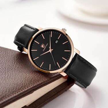 Чоловічий годинник Cheeta: мінімалістичний дизайн, кварцовий механізм, водостійкість 3 ATM, шкіряний ремінець, дата, спортивний стиль, рожеве золото, чорний колір