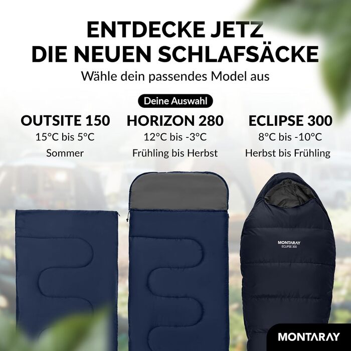 Montaray® Hooded Sleeping Bag -3°C - Outdoor Winter & Summer Sleeping Bag for Hiking, Camping & Hut Use - Warm Sleeping Bag for Men & Women (Blue, 280GSM, 75 x 220cm)