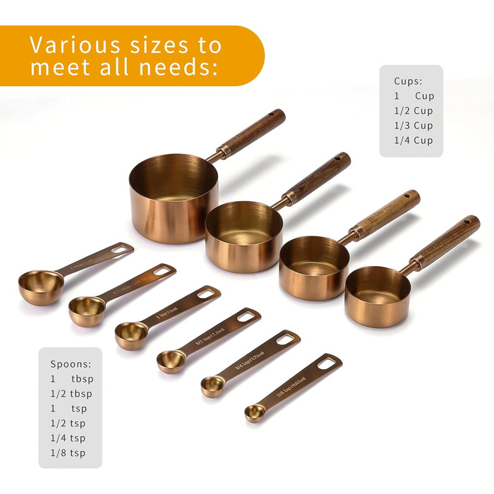 Malmo Measuring Cup and Spoon Set, 10-Piece, with Wooden Handle, Titanium-Coated Stainless Steel, Rose Gold (Rose Gold)
