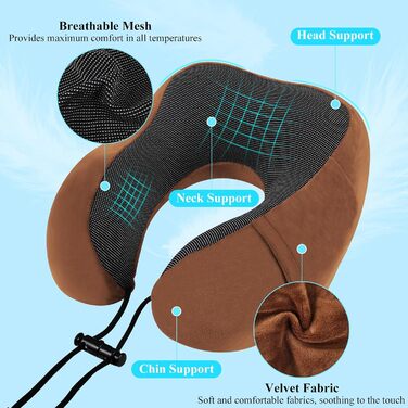 Подушка для шиї у вигляді звірка Memory Foam для дорослих з чохлами для вух, маскою для очей та сумкою. М'яка, дихаюча, ідеальна для подорожей, авто, офісу (колір: коричневий)