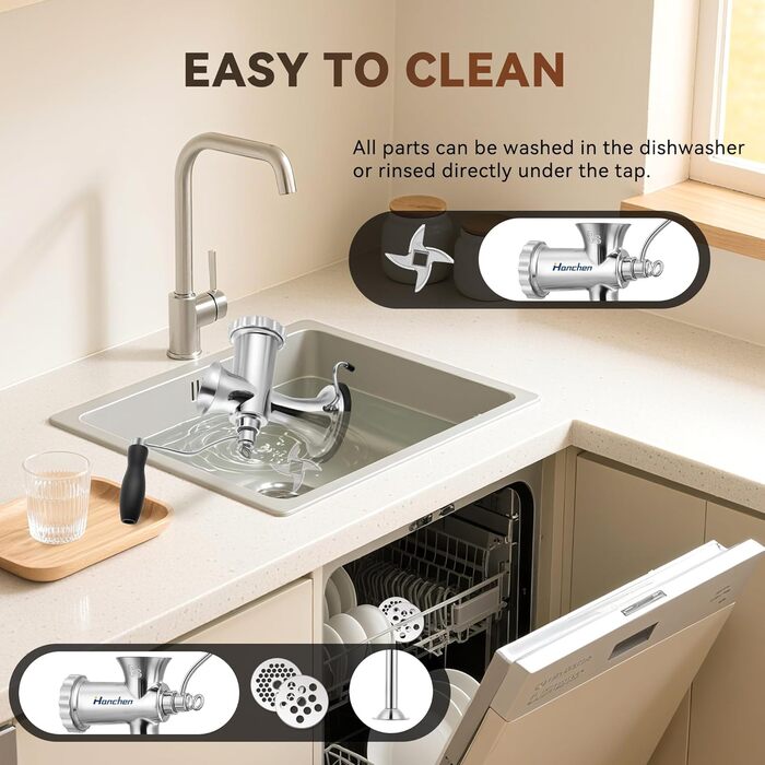 М'ясорубка ручна Hanchen з нержавіючої сталі з присоскою, насадкою для ковбас, 2 дисками та шреддером для овочів - посудомийна