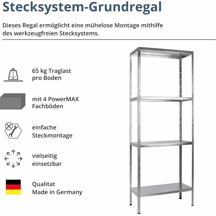 SCHULTE Shelfworld slotted shelving unit with 4 PowerMAX shelves, 65 kg load capacity, 180x60x40 cm (H x W x D), galvanized (storage shelf, workshop shelf, cellar shelf, garage shelf, metal shelf)