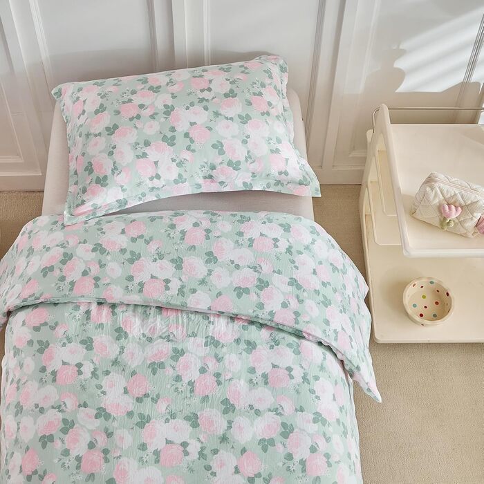 Комплект постільної білизни для дитячого ліжечка, зелений квітковий принт, 120x150 см. М'який двосторонній комплект з ковдрою та подушкою для дівчинки