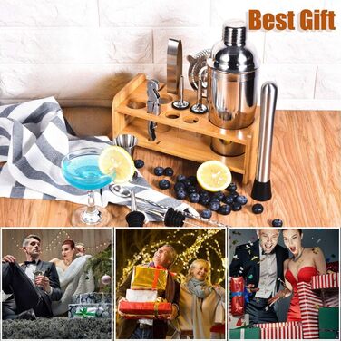 Набір шейкер для коктейлів Esmula 750 мл, 12 предметів, нержавіюча сталь, професійний барменський набір, стильний барний аксесуар для дому, з рецептами коктейлів (сріблястий)