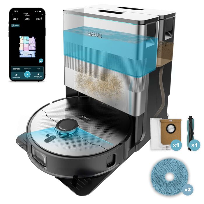 Робот-пилосос та робот-мийник Cecotec Conga X100 X-Treme з автопорожненням та керуванням через додаток. Лазерна навігація, інтерактивне картографування, 15000Pa, 240хв автономії, знімне ганчір'я, база з 3 баками