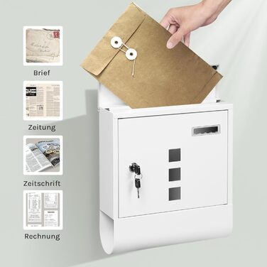 Поштовий ящик WOLTU з газетницею, оглядовим вікном та табличкою для імені, настінний, замикається (2 ключі), білий (30,5x33,5x9 см)