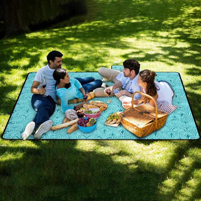 Пікнікова ковдра SOMLAW 200x200 см, водовідштовхувальна, для 4-6 осіб, XXL, з ручкою, ідеальна для кемпінгу та пікніків (блакитна)