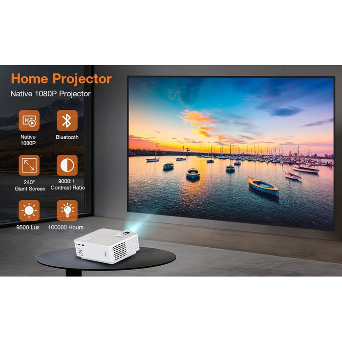 HOPVISION Beamer: Міні проєктор Full HD 1080P з Bluetooth 5.1 та 4K підтримкою, 9000 Lumens, для дому та вулиці, сумісний зі смартфонами, HDMI, USB, Pad, Fire Stick, PS5