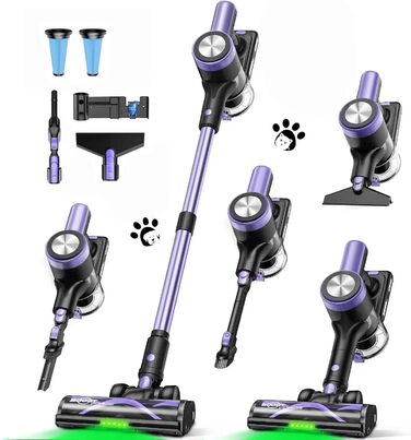 Бездротовий пилосос SUXIANGVAC 48KPa, 500W, 55 хвилин роботи, з док-станцією, LED дисплеєм, антизаплутана щітка, для шерсті тварин, килимів, твердих поверхонь, авто, фіолетовий