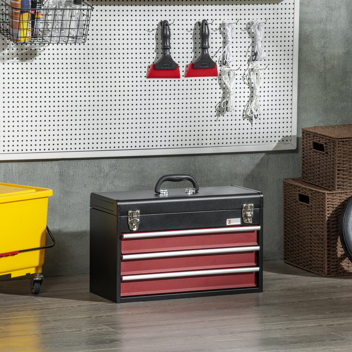 DURHAND Tool Case Practical Tool Box without Tools 3 Drawers with Handle Steel Lock Black Red