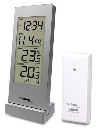 Цифрова метеостанція Techno Line WS9767 з зовнішнім датчиком: термометр, годинник, пам'ять Min/Max, будильник, сріблястий колір