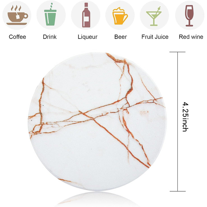 Fun coasters for drinks, marble-style, absorbent ceramic coasters with metal stand, housewarming gifts, decor set of 6, with cork base for wood table (White)