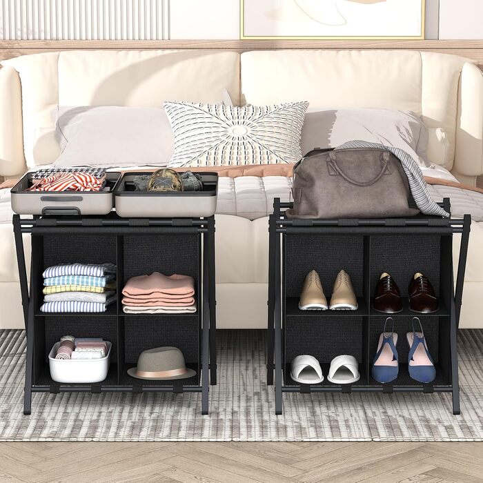 ABOXOO 2-Pack Luggage Rack with Storage, Guest Room, Folding, Holds up to 54.4 kg, Space-Saving Suitcase Rack for Guest Rooms, Bedrooms, Hotels, Black