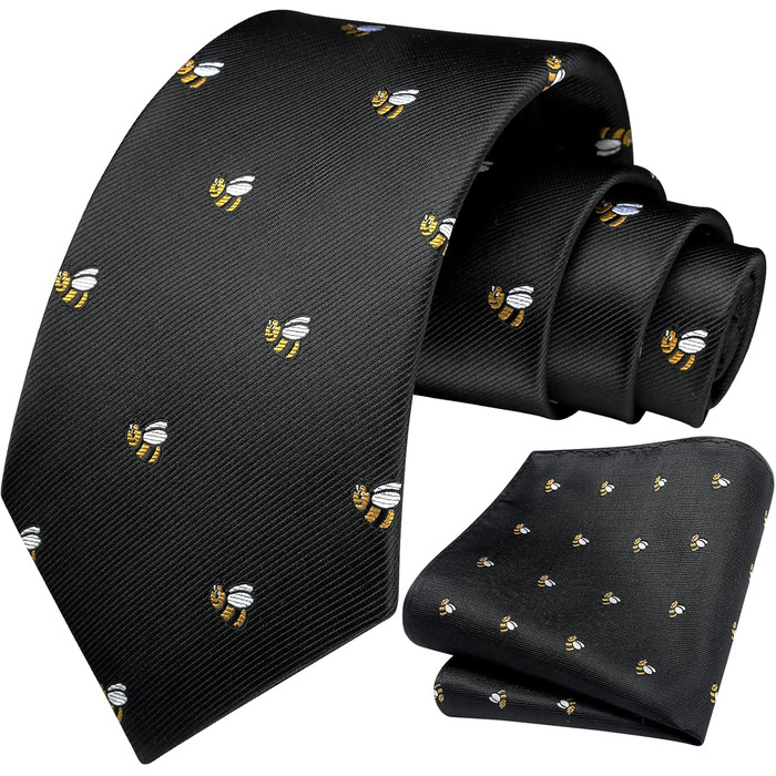 HISDERN Чоловіча краватка з принтом тварин, краватка-метелик, нагрудна хустинка, набір для весілля/бізнесу, чорний/бджола, універсальний розмір