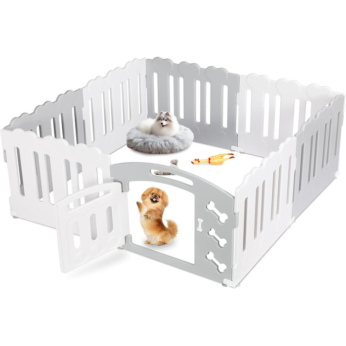 Летворешітка для цуценят Mamizо 60см, сталева та пластикова, з воротами та фіксаторами, для дому та на вулицю (7+1, сіро-біла)