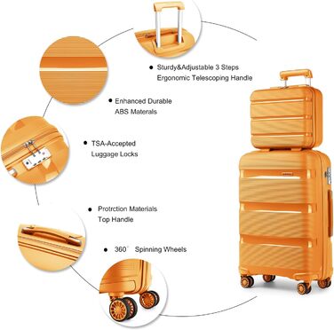 Чемодан для ручної поклажі з 4 колесами, оранжевий, з TSA-замком та YKK-блискавкою, з косметичкою