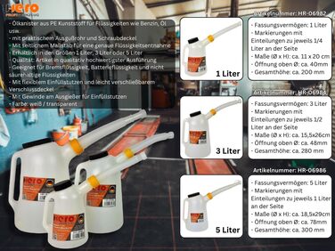 HERO Filling Can, Measuring Can, SET 1L + 3L + 5L Measuring Cups with Flexible Spout and Lid, Water Can, Car Oil Change, Automotive