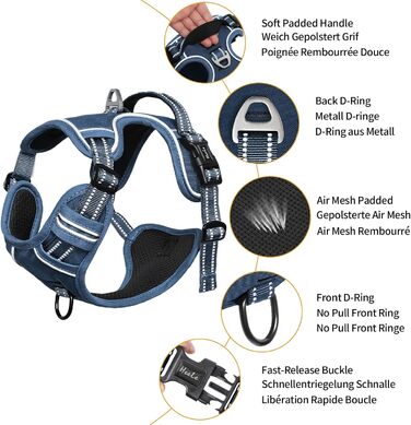 Шлейка для собак HEELE з розподілом навантаження, світловідбиваюча, з м'якою ручкою, контроль, 2 металеві кільця, для собак маленьких, середніх та великих порід, Aree, Зелена, C-Aree Grün (L, Uni-Königsblau)