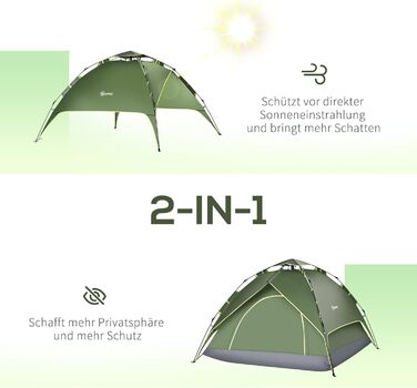 Намет Outsunny Doppelzelt для кемпінгу сімейний 2+1, водонепроникний, 4 сезони, темно-зелений 210x210x140 см
