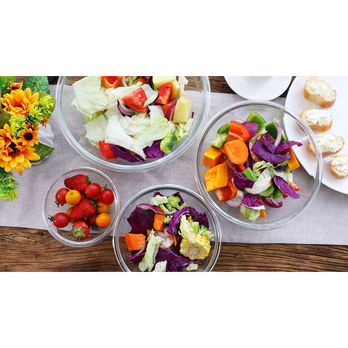 Set of 4 Glass Bowls with Lids (0.95L, 1.5L, 2.4L, 3.5L), Large Round Salad Bowls, Baking Bowls, Microwave and Dishwasher Safe for Mixing, Storing, and Serving