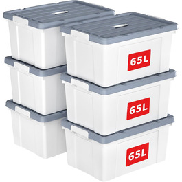 Cetomo Plastic Storage Box - Box with Durable Lid and Safety Closure, Stackable and Nestable, 3-Pack, White (65L * 6)