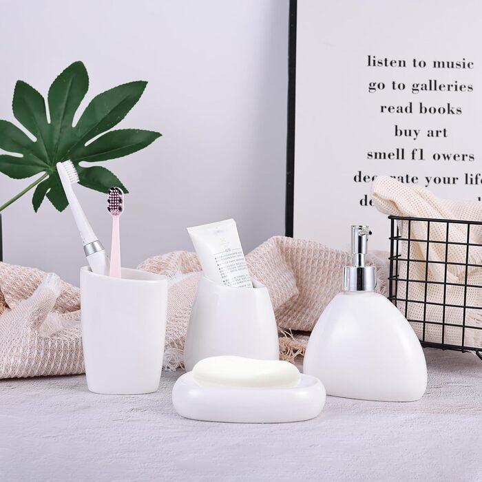 XYQXYQ Elegant 4-Piece Galvanized Ceramic Bathroom Set, featuring a lotion dispenser, mouth rinse cup, soap dish, and toothbrush holder, modern bathroom decoration set (white)