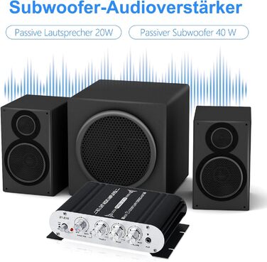 HiFi аудіо підсилювач 2.1-канальний ST-838, стерео, клас D, 20Вт×2+40Вт, з сабвуферним виходом, міні цифровий підсилювач, AUX, для дому та авто, чорний/сріблястий, з адаптером живлення