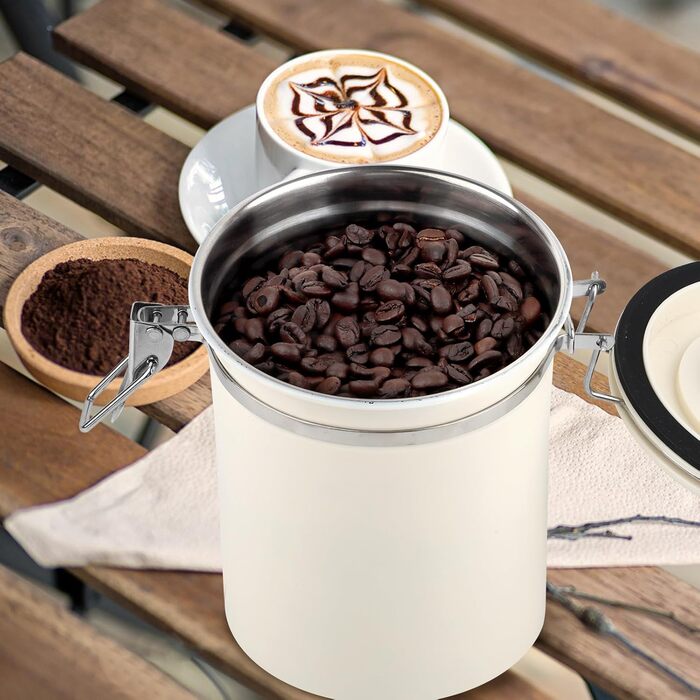 Герметичний контейнер для кави з нержавіючої сталі 1,8л з випускним клапаном, Vorratsdose для кавових зерен, горіхів, какао (Бежевий/Білий)