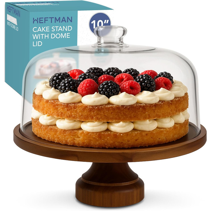 Підставка для тортів HEFTMAN 25,4 см з куполоподібним кришкою – 2-в-1 антиковзаюча підставка з акації з прозорою кришкою з акрилу для тортів, випічки, сирних дощок – ідеально для дня народження, весілля, святкування