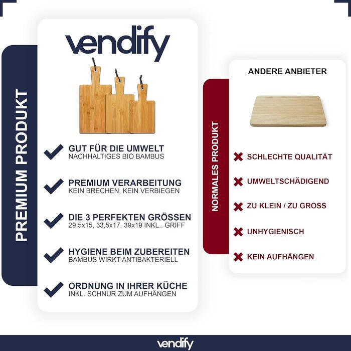 Набір обробних дощок vendify 3 шт. з бамбука, антибактеріальні кухонні дошки для нарізання, різних розмірів