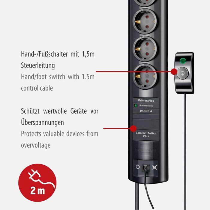 Бренненштуль Primera-Tec Comfort Switch Plus мережевий фільтр 7-портовий з захистом від перенапруги (2м кабель, вимикач та RJ-11), чорний, з ручним/ножним вимикачем