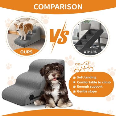 Сходинки для собак, 3 сходинки, з щільного матеріалу, для маленьких собак та котів, знімний чохол, іграшка-канат, легкі та портативні, сірі.