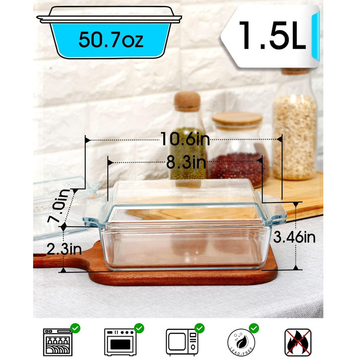 Прямокутна форма для запікання зі скляною кришкою, 2L, 24x20x6 см, для лазаньї, на 2 порції, сумісна з мікрохвильовою піччю та духовкою