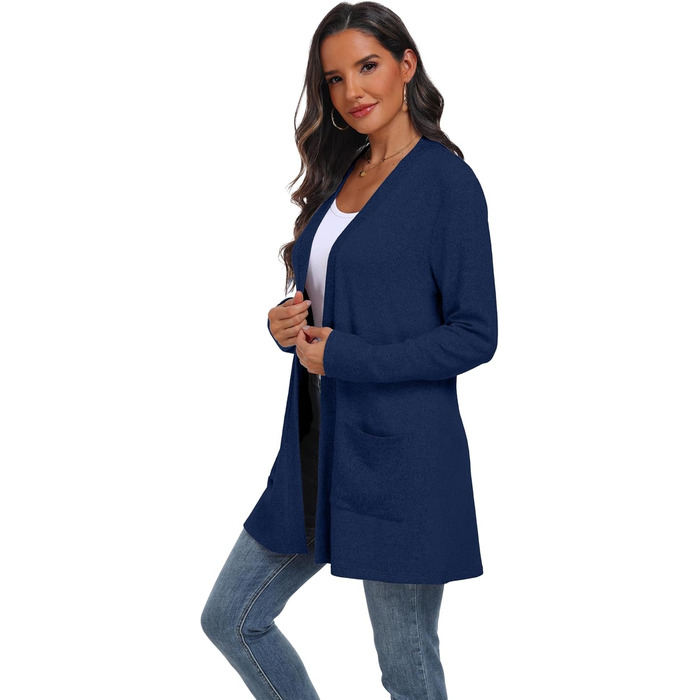 Жіночий в'язаний кардиган QIXING з кишенями, оливковий колір, розмір XXL, колір Königsblau (королівський синій)