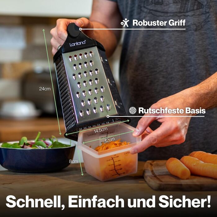 Тертка Lantana 6-стороння з контейнером - ручна тертка/хоботель/подрібнювач. 6 незамінних функцій для кухні: грубе, середнє, дрібне та мікро-терття/стругання/подрібнення.