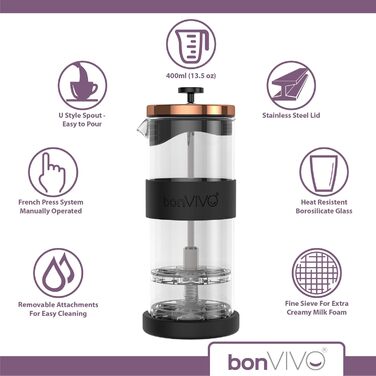 bonVIVO FOMO ручний спінювач молока, скло та нержавіюча сталь, 400 мл, рожевий